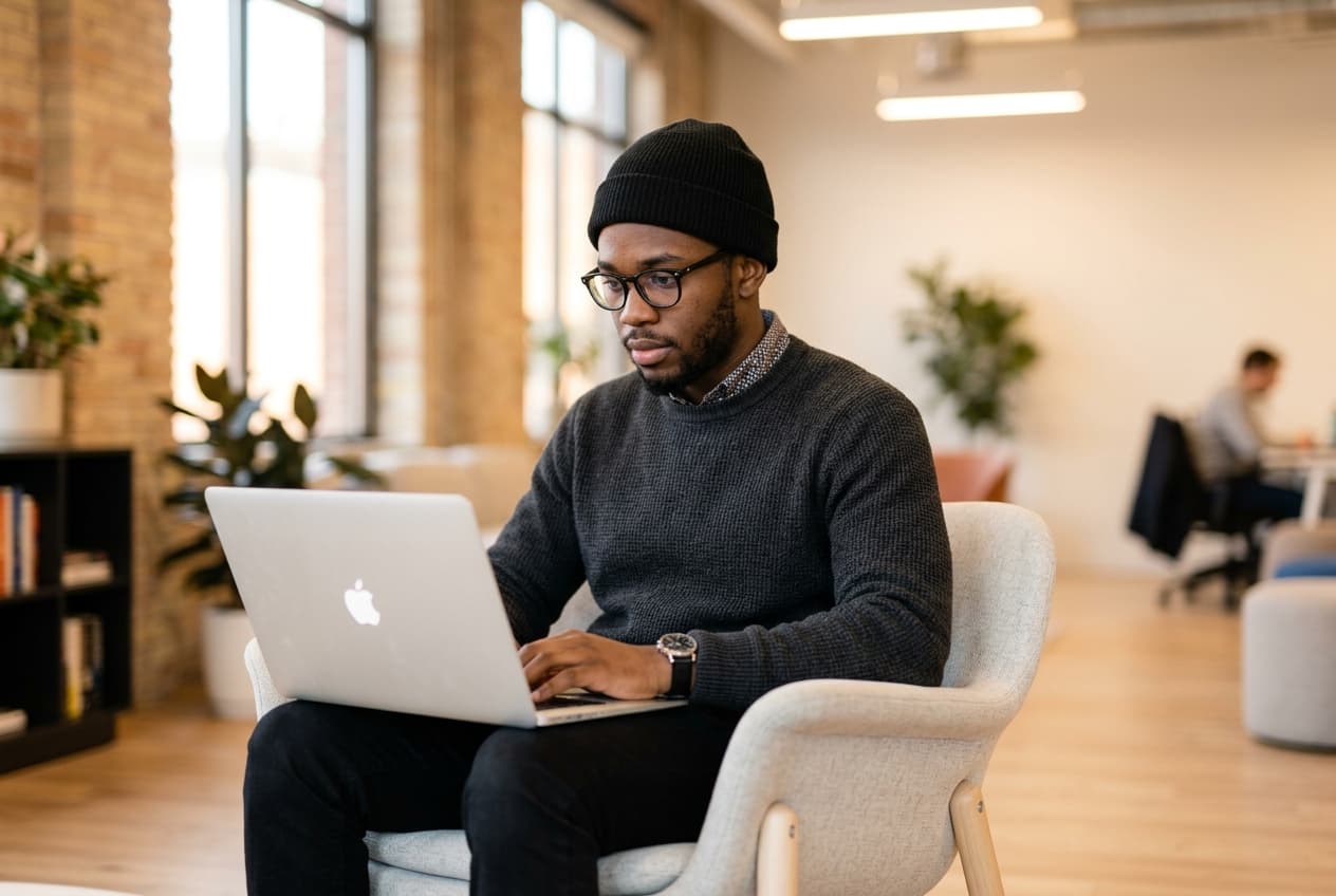 African freelancer working on laptop